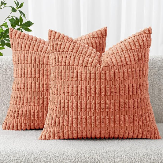 MIULEE Pack of 2 Corduroy Decorative Throw Pillow Covers 18x18 Inch Soft Boho Striped Pillow Covers Modern Farmhouse Home Decor for Summer Sofa Living Room Couch Bed Coral