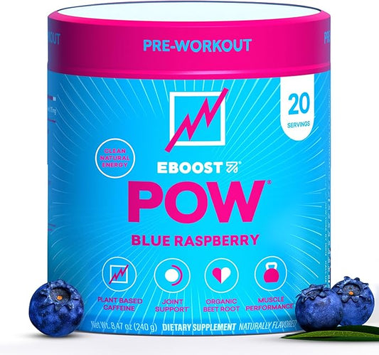 EBOOST POW Natural Pre Workout Powder ??20 Servings - Blue Raspberry - A PreWorkout Supplement for Performance, Joint Mobility Support, Energy - Men and Women - Non-GMO, Gluten-Free, No Creatine
