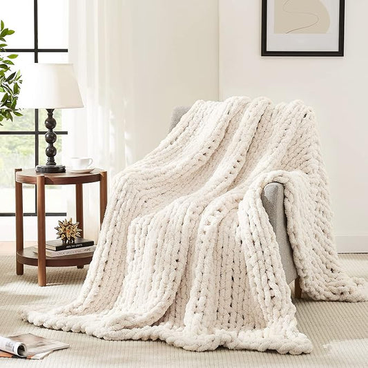 L'AGRATY Chunky Knit Blanket Throw,Soft Chenille Yarn Throw Blanket 50x60，Handmade Cable Knit Crochet Blanket,Large Knit Blankets Chunky Yarn,Rope Knot Throw Blanket for Couch Sofa Bed Home Decor