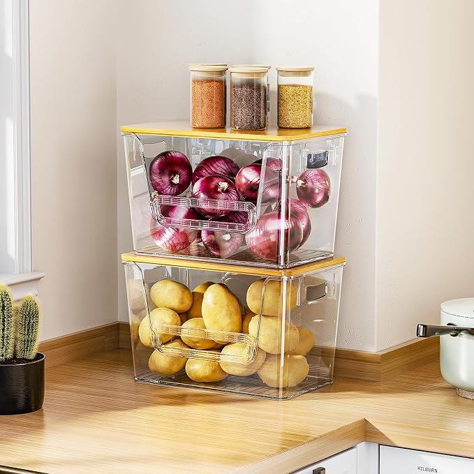 Delamu 2 Set Pantry Organizers and Storage, Trash Bag Holder Under Sink Organizer for 4-13 Gal Bags, Trash Bag Dispenser with Bamboo Top for Onion, Potato, Garlic, Clear (11-7/32"L*7" W*7-1/8"H)