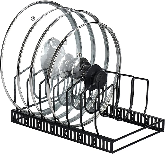 Toplife Pot Lids Organizer Rack for Cabinet and Countertop, 7+ Pan Lids and Bakeware Organizer Rack Holder with 7 Adjustable Compartments - Black