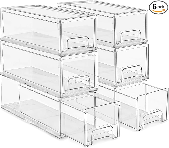 Sorbus Small Wide Clear Stackable Storage Drawers – 6-Pack Plastic Organizer Bins with Handles – Stackable Pull-Out Storage Drawers for Closet, Pantry, Office, Bathroom, Craft, and Toy Organization