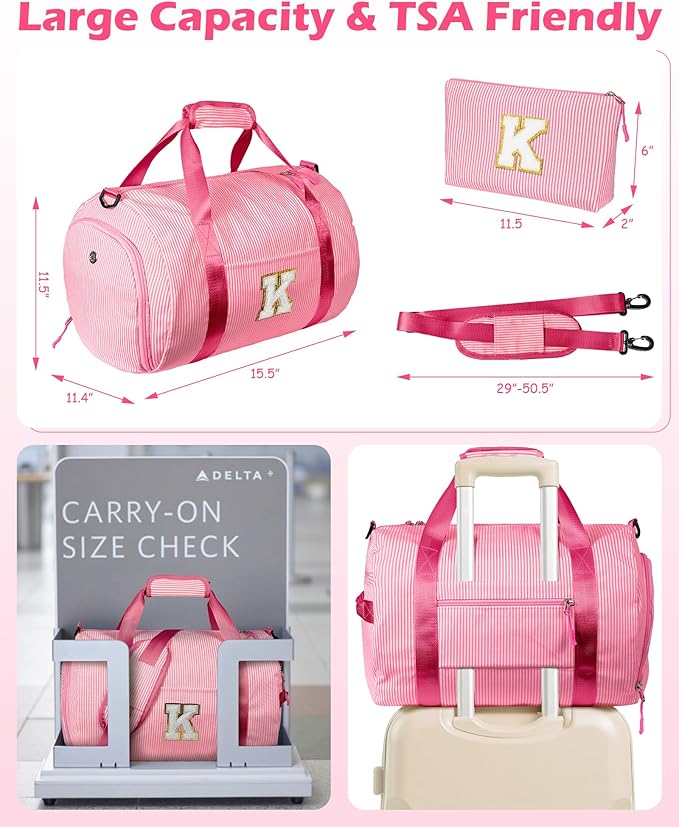 Cheer Up Gift for Teen Girls, Girl Gym Bag, Kids Initial Overnight Duffel Bags with Shoe Compartment, Personalized Travel Bag with Makeup Pouch, Gifts for 3 4 5 6 7 Year Old Kid (Letter T)