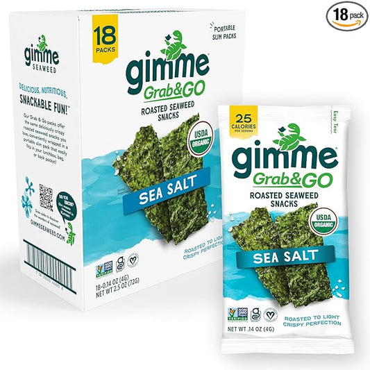 Gimme Seaweed Grab & Go Organic Premium Roasted Seaweed Snacks, Sea Salt, 18 Count Trayless, Keto, Vegan, Gluten-Free, Great Source of Omega3s and Iodine, Healthy On-The-Go Snack for Kids and Adults