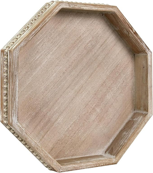 Wooden Decorative Tray, Small Serving Tray with Wood Bead, Farmhouse Big Tray for Ottoman, Countertop, Coffee Tabl, 13" x 13"x 1.6" (White Washed)