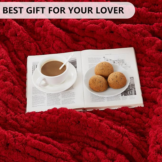 L'AGRATY Chunky Knit Blanket Throw - Soft Chunky Throw Blankets 40x50: 100% Hand Kintted Chenile Crochet Large Cable Knit Blanket - Rope Knot Throw Blankets for Couch Home Decor(Red)