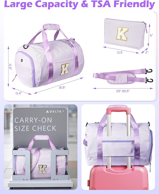 Birthday Gifts for 8 Years Old Girls, Girl Gym Bag, Kids Initial Overnight Duffel Bags with Shoe Compartment, Personalized Dance Bag with Makeup Pouch, Cute Stuff for Little Girls (Letter L)