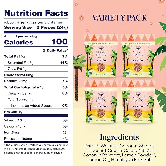 MAGICDATES Date Snack Bites | Lush Lemon Bar – 4 Bags (16 Servings) | Medjool Dates | Gluten-Free | Vegan | Paleo | No Added Sugar | Plant-Based Citrus Snack | Healthy On-the-Go Bites