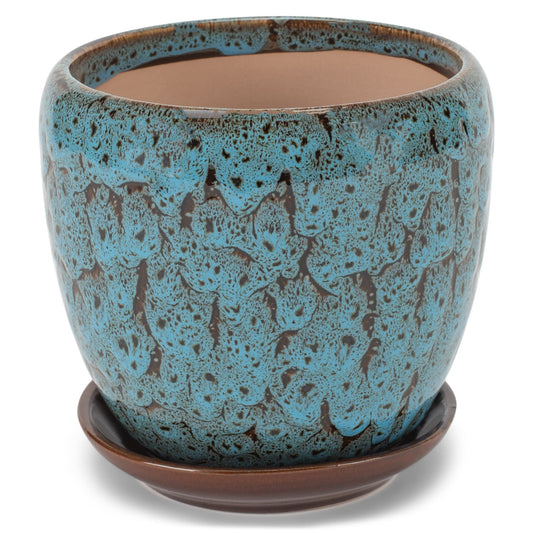 Napco Mottled Teal and Black 4.5 Inch Ceramic Flower Pot Planter with Saucer