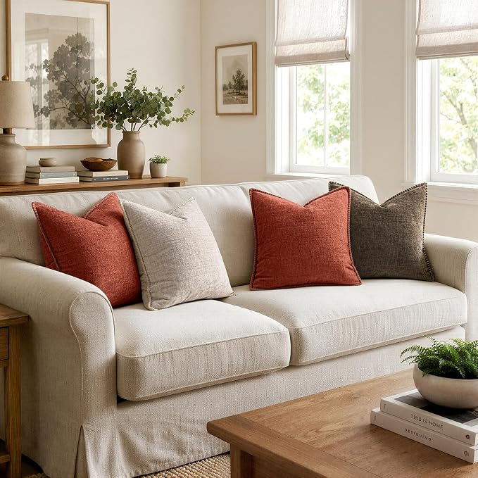 MIULEE Pack of 2 Fall Couch Throw Pillow Covers 16x16 Inch Burnt Orange Farmhouse Decorative Pillow Covers with Stitched Edge Soft Chenille Solid Dyed Pillow Covers for Sofa Bed Living Room