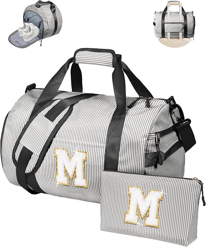 Gifts for 4 5 6 7 8 9 10 11 Year Old Girls, Girl Gym Bag, Kids Monogram Overnight Duffel Bags with Shoe Compartment, Personalized Travel Bag with Makeup Pouch, Dance Recital Gift (Letter M)