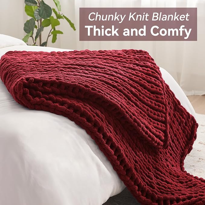 Negwoo Chunky Knit Throw Blanket, 50''*60'' Knitted Throw Chenille Yarn for Bed Couch, Handmade Red Crochet Big Thick Blanket, Machine Washable Cute Comfy Blanket for Home Decor