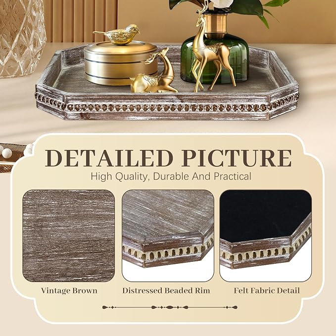 Wooden Decorative Tray, Rustic Serving Tray with Wood Bead, Farmhouse Big Tray for Ottoman, Countertop, Coffee Tabl, 16.5" x 13"x 1.6" (Retro Brown)