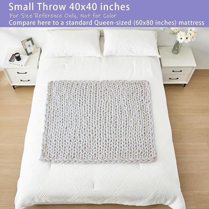 Bigacogo Chunky Knit Throw Blanket for Couch, 40x40 inches, 100% Hand Knitted with Thick Jumbo Chenille Yarn, Cozy Soft Large Rope Knot Cable Crochet Blankets for Sofa Bed Living Room, Bright Blue
