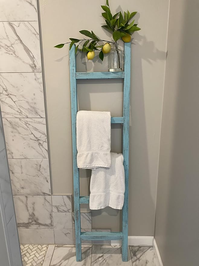 BARNWOODUSA Rustic Farmhouse Decorative Ladder - Our 47 inch Ladder can be Mounted Horizontally or Vertically and is Crafted from Reused Wood No Assembly Required Robins Egg Blue