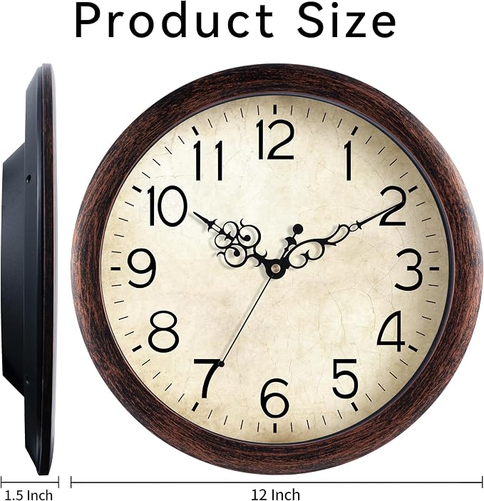KECYET Wall Clock 12 Inch Vintage Wall Clocks Battery Operated Quartz Silent Non-Ticking Retro Rustic Style Clock Decorative for Living Room, Home Office, Kitchen,Bedroom (Bronze)
