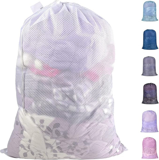 Polecasa Extra Heavy Duty Large Diamond Mesh Laundry Bags with Drawstring Closure & ID Tag, 24 x 36 inches Washable Storage Bag, Laundry Accessory for Hamper, College, Travel, Sports, Dorms, White