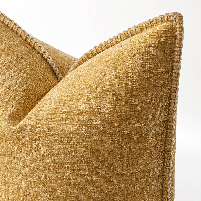 MIULEE Pack of 2 Euro Sham Pillow Covers 24x24 Inch Gold Mustard Yellow Farmhouse Decorative Throw Pillow Covers with Stitched Edge Soft Chenille Solid Pillow Covers for Bed Sofa Couch Living Room