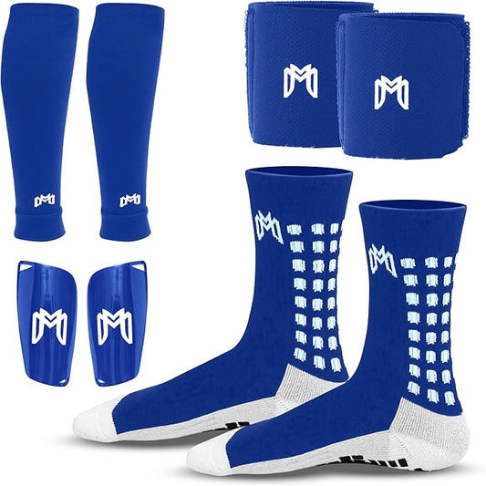Soccer Grip Socks, Shin Guards, Pre Cut Sock Sleeves, and Guard Straps Bundle Pack - Essential Equipment for Soccer Players - for Mens, Women, Youth, Size 7 to 12 US Men Shoe Size
