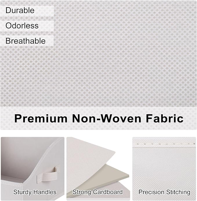 WUIKE Closet Storage Bins, Large Trapezoid Storage Boxes with Handles, Fabric Storage Baskets for Organizing Clothes, Sheets, Blankets, Decorative Storage Bins, White & Beige