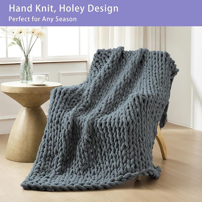 Bigacogo Chunky Knit Throw Blanket for Couch, 51x63 inches, 100% Hand Knitted with Thick Jumbo Chenille Yarn, Cozy Soft Large Rope Knot Cable Crochet Blankets for Sofa Bed Living Room, Iron Gray