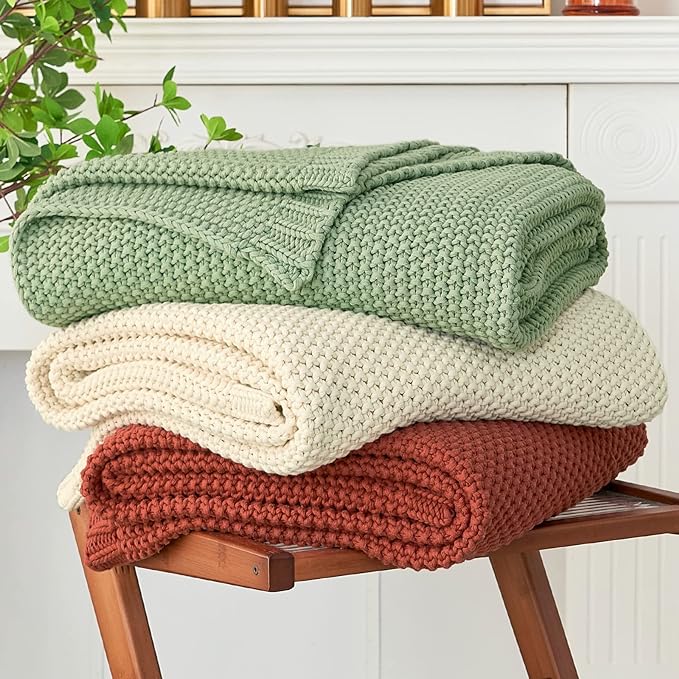 Longhui bedding Chunky Cable Knit Throw Blanket Lightweight Rust 100% Organic Cotton Blanket for Sofa Couch Bed Baby Nursery, Rustic Shabby Chic Modern Farmhouse, 60” x 80” Give Laundering Bag