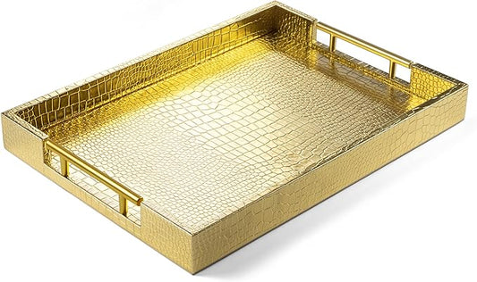 ATZYmolin 17" x 12" Wood Serving Tray with Gold Polished Metal Handles, Home Decorative Wooden Rectangle Ottoman Leather Decor Platter Bathroom Vanity Tray for All Occasions Alligator Gold