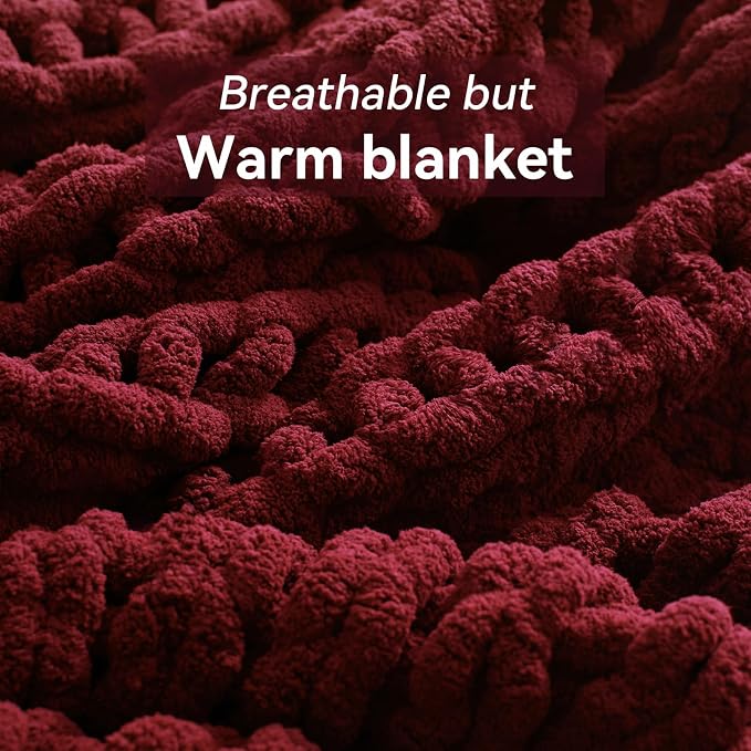 Negwoo Chunky Knit Throw Blanket, 40''*50'' Knitted Throw Chenille Yarn for Bed Couch, Handmade Red Crochet Big Thick Blanket, Machine Washable Cute Comfy Blanket for Home Decor