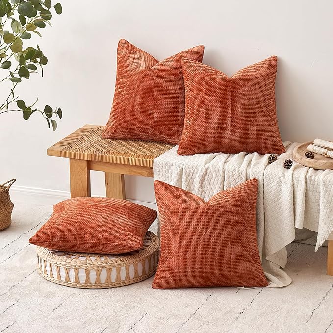 MIULEE Pack of 4 Couch Throw Pillow Covers 16x16 Inch Burnt Orange Soft Decorative Chenille Pillow Covers Farmhouse Accent Cushion Covers for Boho Home Decor Sofa Bedroom Living Room