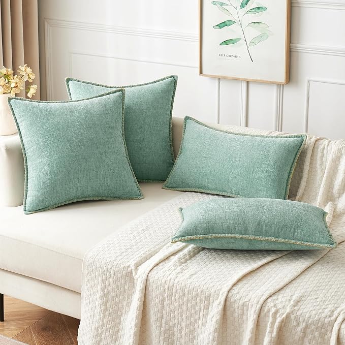 MIULEE Pack of 2 Lumbar Summer Throw Pillow Covers 12x20 Inch Aqua Green Farmhouse Decorative Pillow Covers with Stitched Edge Soft Chenille Solid Dyed Pillow Covers for Couch Sofa Bed Living Room