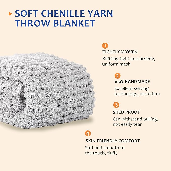 L'AGRATY Chunky Knit Blanket Throw - Soft Chunky Throw Blanket 50''x60'': 100% Hand Kintted Chenile Crochet Throw Blanket for Couch - Large Cable Knit Chunky Blanket for Home Decor(Grey)