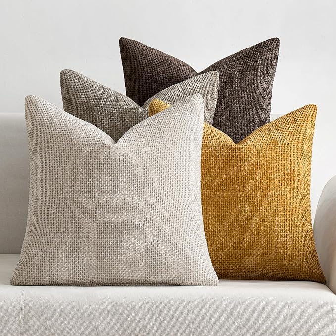 MIULEE Pack of 4 Couch Throw Pillow Covers 20x20 Inch Neutral Gold/Brown Soft Decorative Chenille Pillow Covers Farmhouse Accent Cushion Covers for Boho Home Decor Sofa Bedroom Living Room