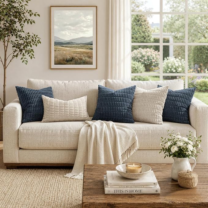 MIULEE Pack of 2 Corduroy Decorative Throw Pillow Covers 20x20 Inch Soft Boho Striped Pillow Covers Modern Farmhouse Home Decor for Summer Coastal Sofa Living Room Couch Bed Blue