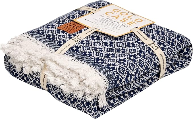 Gold Case Throw Blanket for Couch - 100% Recycled Turkish Cotton Blankets & Throws - Retro Soft Throw Blankets for Living Room - Boho Decorative Woven Couch Blanket - 60x80 - Navy Blue