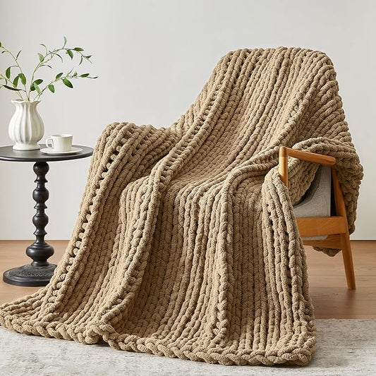 Negwoo Chunky Knit Throw Blanket, 60''*80'' Knitted Throw Chenille Yarn for Bed Couch, Handmade Light Brown Crochet Big Thick Blanket, Machine Washable Cute Comfy Blanket for Home Decor