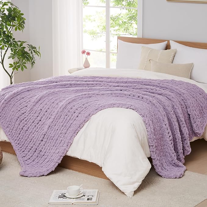 L'AGRATY Chunky Knit Blanket Throw - Soft Chenille Yarn Throw Blanket 50x60: Handmade Thick Cable Knit Crochet Blanket - Large Knit Blanket Chunky Rope Knot Throw Blanket for Couch Sofa Bed Home Decor