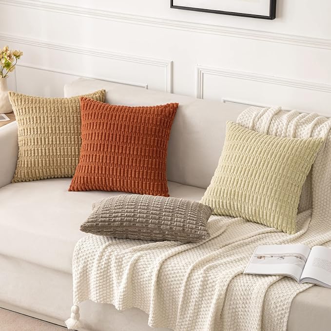 MIULEE Pack of 2 Corduroy Decorative Throw Pillow Covers 16x16 Inch Soft Boho Striped Pillow Covers Modern Farmhouse Home Decor for Sofa Living Room Couch Bed Khaki