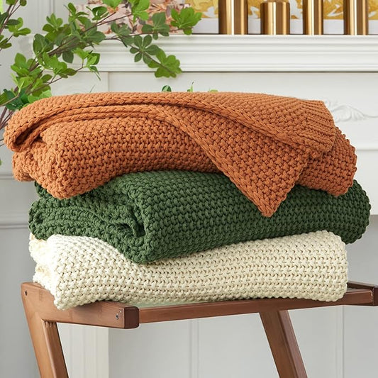 Longhui bedding Chunky Cable Knit Throw Blanket Lightweight Olive Green 100% Organic Cotton Blanket for Sofa Couch Bed Baby Nursery, Rustic Shabby Chic Modern Farmhouse, 60” x 80” Give Laundering Bag