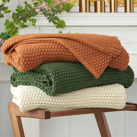 Longhui bedding Chunky Cable Knit Throw Blanket Lightweight Olive Green 100% Organic Cotton Blanket for Sofa Couch Bed Baby Nursery, Rustic Shabby Chic Modern Farmhouse, 51” x 63” Give Laundering Bag