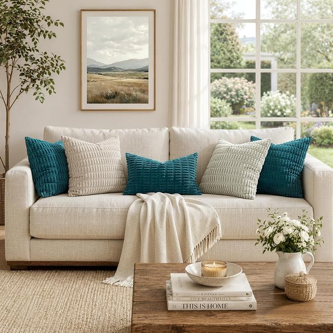 MIULEE Pack of 2 Corduroy Decorative Euro Sham Throw Pillow Covers 24x24 Inch Soft Boho Striped Pillow Covers Modern Farmhouse Home Decor for Summer Coastal Sofa Living Room Couch Bed Teal