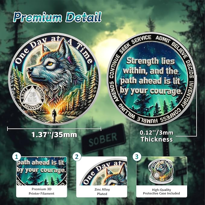 One Day at a Time 30 Day Sobriety Coin - Recovery Aurora Forest Wolf AA Coins - Addiction NA AA Chips and Medallions - Celebrate 1-30 Living Clean Sober Alcoholics Anonymous Gifts for Men Women