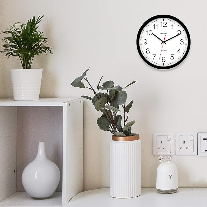 Sharp Wall Clock – Black, Silent Non Ticking 12 Inch Quality Quartz Battery Operated Round Easy to Read Home/Kitchen/Office/Classroom/School Clocks, Sweep Movement