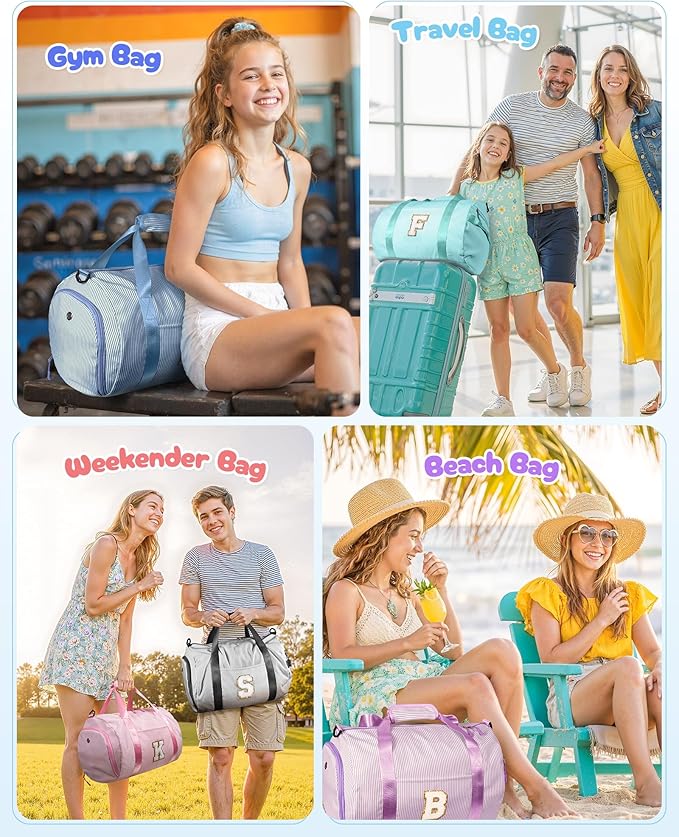 Christmas Gifts for Teenager, Girl Gym Bag, Kids Initial Overnight Duffel Bags with Shoe Compartment, Personalized Travel Bag with Makeup Pouch, Birthday Gift for Girls (Letter R)