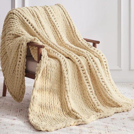 Negwoo Chunky Knit Throw Blanket, 80''*90'' Knitted Throw Chenille Yarn for Bed Couch, Handmade Oatmeal Crochet Big Thick Blanket, Machine Washable Cute Comfy Blanket for Home Decor