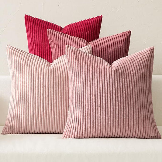 MIULEE Boho Farmhouse Throw Pillow Covers 20x20 Inch Set of 4 Romantic Decorative Cushion Covers Spring Corduroy Home Decor for Feminine Valentines Couch Bed Sofa Living Room Aesthetic Pink