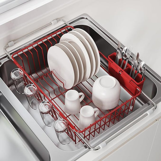JASIWAY Red Dish Drying Rack in Sink, Expandable Stainless Steel Dish Drainers for Kitchen Counter, Dish Dryer Rack for Inside Sink, Over The Sink Dish Racks with Utensil Holder
