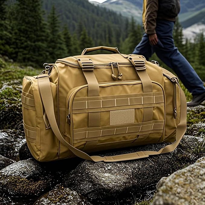 Duffel Bag – Heavy Duty Tactical Gym Bag for Men, Splashwater-Proof Weekender Travel Bag for Basketball, Football, Soccer, Hiking, and Hunting (Khaki)