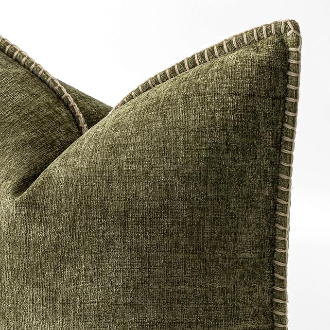 MIULEE Pack of 2 Couch Throw Pillow Covers 18x18 Inch Olive Green Farmhouse Decorative Pillow Covers with Stitched Edge Soft Chenille Solid Dyed Pillow Covers for Sofa Bed Living Room