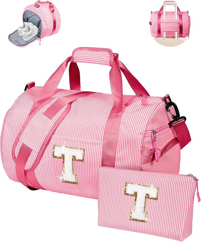 Cheer Up Gift for Teen Girls, Girl Gym Bag, Kids Initial Overnight Duffel Bags with Shoe Compartment, Personalized Travel Bag with Makeup Pouch, Gifts for 3 4 5 6 7 Year Old Kid (Letter T)