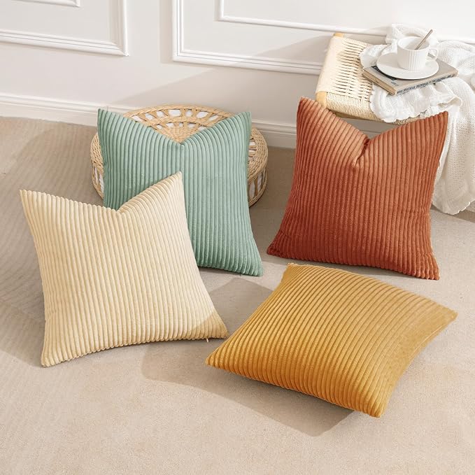 MIULEE Boho Farmhouse Throw Pillow Covers 18x18 Inch Set of 4 Summer Modern Natural Decorative Cushion Covers Soft Corduroy Home Decor for Spring Couch Bed Sofa Living Room Teal-Rust Gradient Series